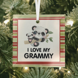 I Love My Grammy Cute Baby and Adult Pandas Glass Ornament