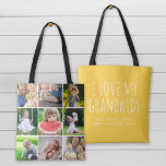 I Love My Grandkids 9 Photo Instagram Collage Tote Bag<br><div class="desc">Custom printed 2-sided tote bag personalized with your family photos and text. Add 9 square Instagram photos on one side with "I Love My Grandkids" quote and your grandchildren's names or other custom text on the reverse side. Use the design tools to choose any background colour, add more photos and...</div>