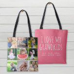 I Love My Grandkids 9 Photo Instagram Collage Tote Bag<br><div class="desc">Custom printed 2-sided tote bag personalized with your family photos and text. Add 9 square Instagram photos on one side with "I Love My Grandkids" quote and your grandchildren's names or other custom text on the reverse side. Use the design tools to choose any background colour, add more photos and...</div>