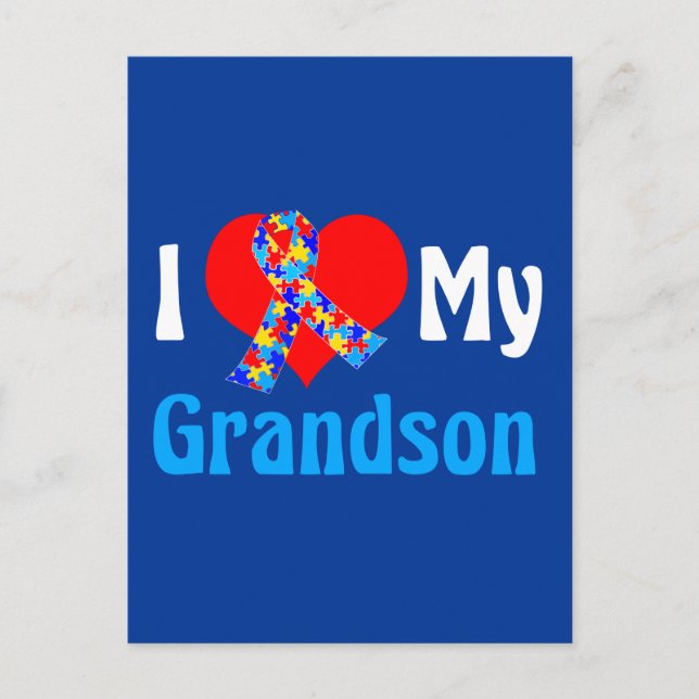 I Love My Grandson Autism Grandparent Blue Ribbon Postcard (Front)