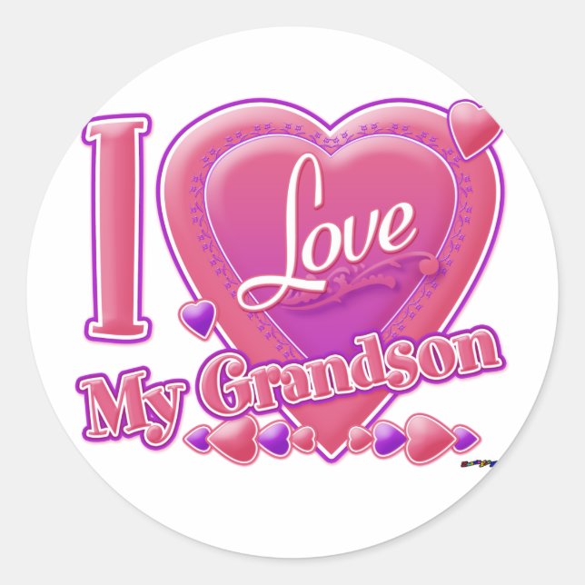 I Love My Grandson pink/purple - heart Classic Round Sticker (Front)