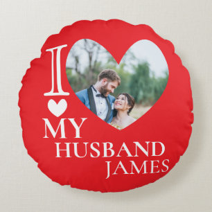 I Love My Husband Custom Photo Heart Round Pillow