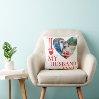 I Love My Husband Custom Photo Heart Throw Pillow