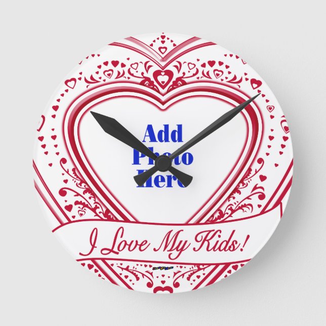 I Love My Kids! Photo Red Hearts Round Clock (Front)