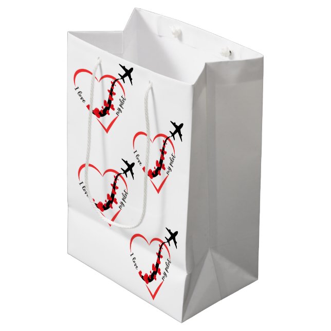 I love My Pilot, Heart, Aviation,Aircraft,Airplane Medium Gift Bag (Front Angled)