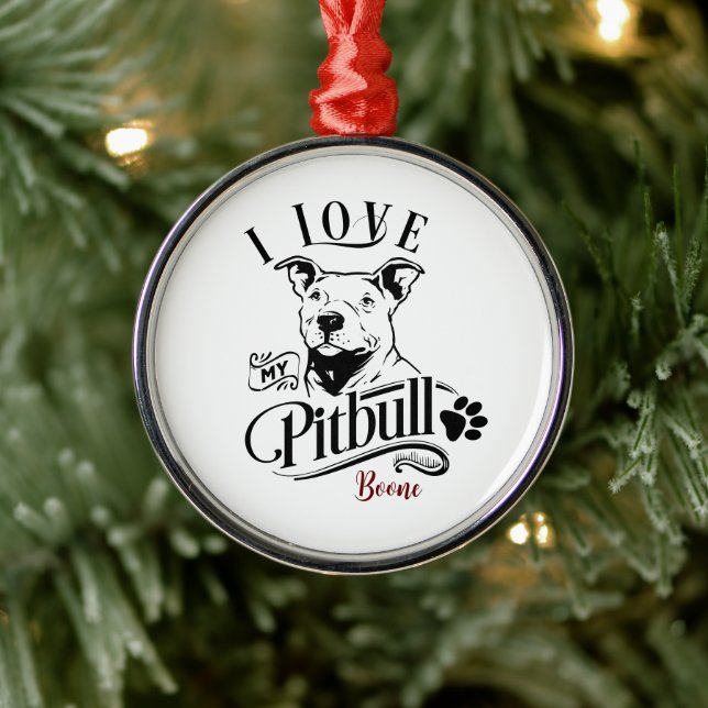I Love My Pitbull Christmas Metal Ornament (Tree)