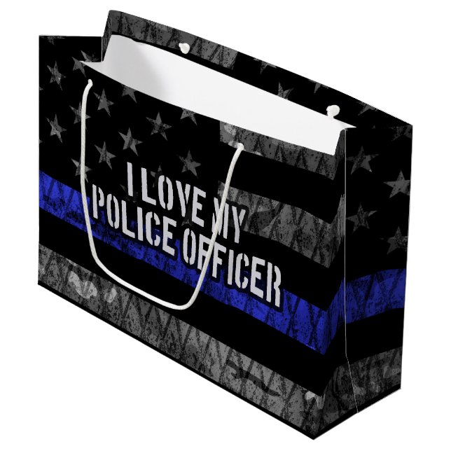 I Love My Police Officer Thin Blue Line Distressed Large Gift Bag (Front Angled)