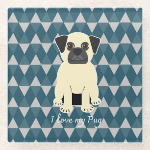 I love my Pug, Blue diamonds pattern Glass Coaster