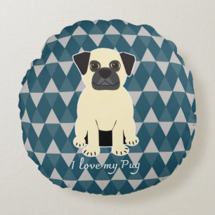 I love my Pug, Blue diamonds pattern Round Pillow