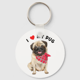 I Love My Pug Cute Pug Puppy Dog with Scarf Art    Keychain