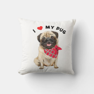 I Love My Pug Cute Pug Puppy Dog with Scarf Art  Throw Pillow