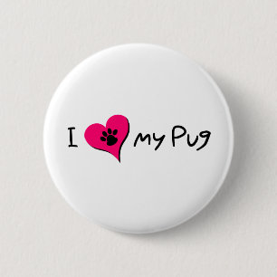 I Love My Pug Quote With Paw Print on Pink Heart 2 Inch Round Button