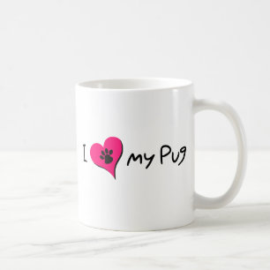 I Love My Pug Quote With Paw Print on Pink Heart Coffee Mug