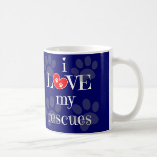 i LOVE my rescues, paw prints/red heart on navy Coffee Mug