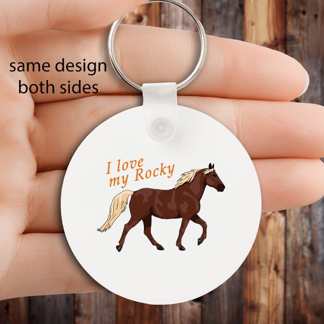 I Love My Rocky Mountain Horse Equestrian Keychain (Round keychain with “I love my Rocky” text and illustrated Rocky Mountain Horse, equestrian design.)