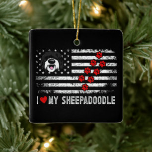 I Love My Sheepadoodle Cute Dog Owner Gift US Flag Ceramic Ornament