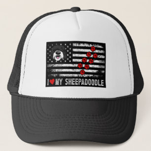 I Love My Sheepadoodle Cute Dog Owner Gift US Flag Trucker Hat