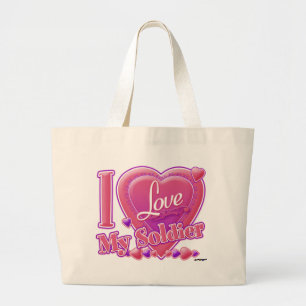 I Love My Soldier pink/purple - heart Large Tote Bag