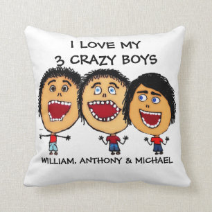 I Love My Three Crazy Sons Cartoon Throw Pillow