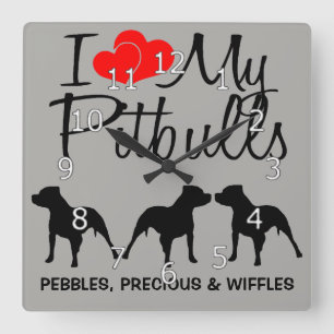 I Love My THREE Pitbulls Square Wall Clock