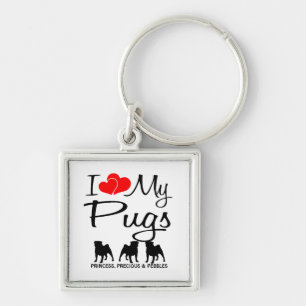 I Love My Three Pugs Custom Keychain