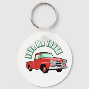 I love my truck - Old, classic red pickup Keychain