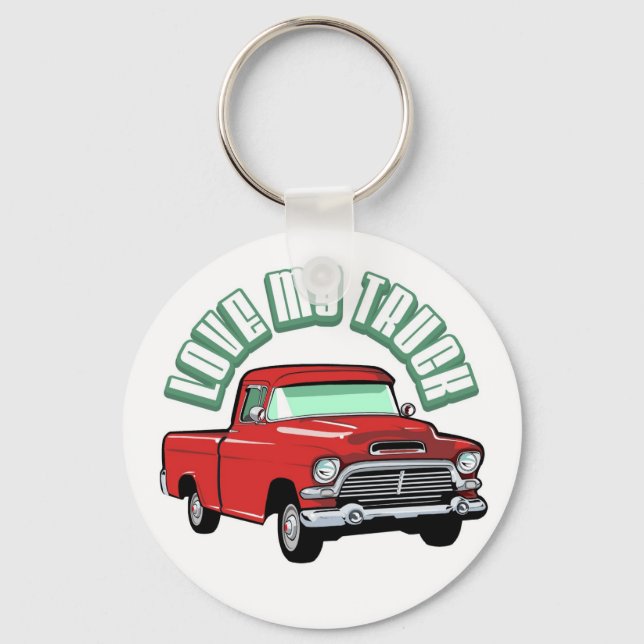 I love my truck - Old, classic red pickup Keychain (Front)