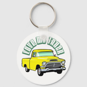 I love my truck - Old, classic yellow pickup Keychain
