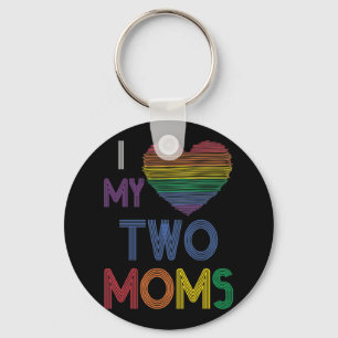 I Love My Two Moms LGBT Gay Lesbian Rainbow Heart Keychain