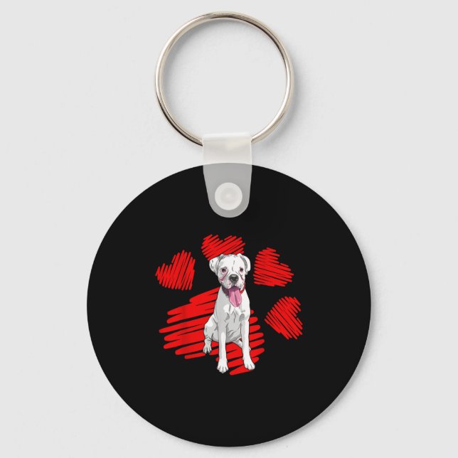 I Love My White Boxer Dog Paw Heart Valentines Day Keychain (Front)