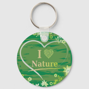 I Love Nature Heart Text and Flowers - Green Keychain