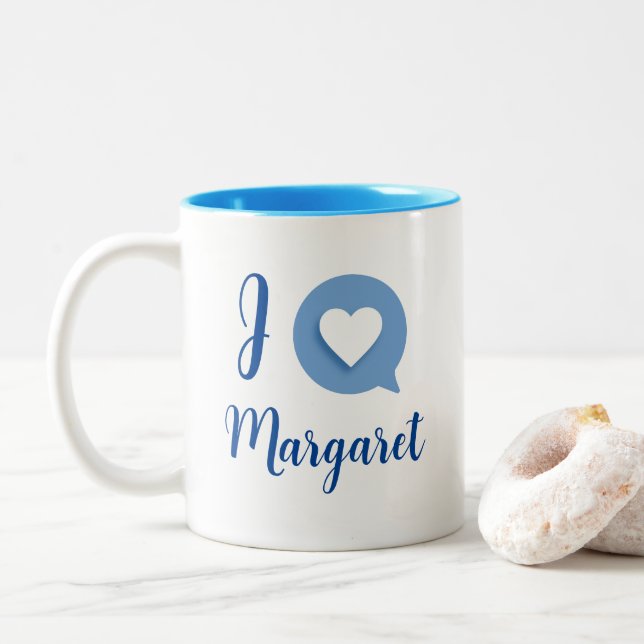 I Love / Nom du coeur Mag bleu café Mug (Avec donut)
