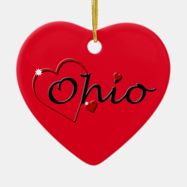 I Love Ohio Hearts Christmas Ceramic Ornament (Front)