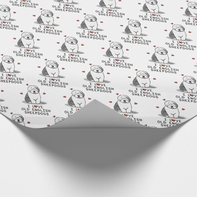 I Love Old English Sheepdogs (Grey 1) Cute OES Wrapping Paper (Corner)