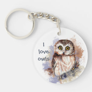 "I love Owls" Cute Watercolor Owl Quote Keychain