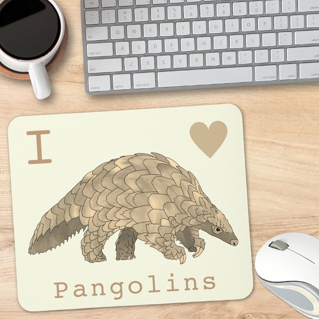 I Love Pangolins Endangered Species Animal Art Mouse Pad (I love pangolins slogan with cute pangolin illustration mouse mat)