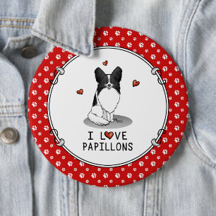 I Love Papillons (white & black) Hearts Dogs Cute 6 Inch Round Button