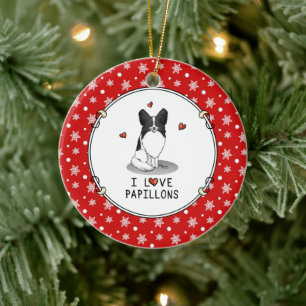 I Love Papillons (white & black) Hearts Dogs Cute Ceramic Ornament