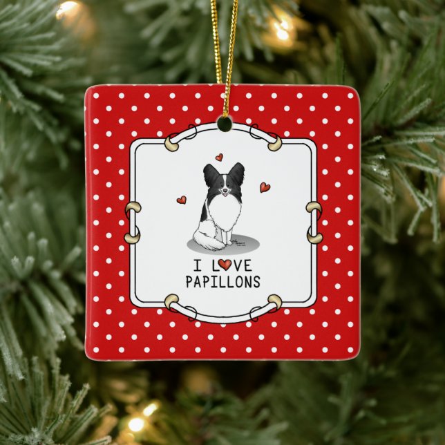 I Love Papillons (white & black) Hearts Dogs Cute Ceramic Ornament (Tree)