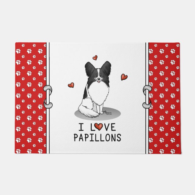 I Love Papillons (white & black) Hearts Dogs Cute Doormat (Front)