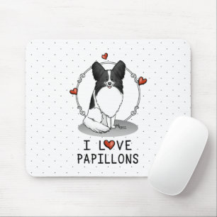 I Love Papillons (white & black) Hearts Dogs Cute Mouse Pad