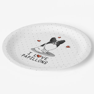 I Love Papillons (white & black) Hearts Dogs Cute Paper Plate