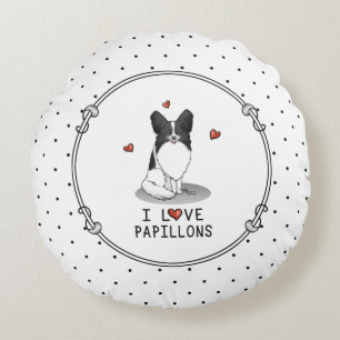 I Love Papillons (white & black) Hearts Dogs Cute Round Pillow