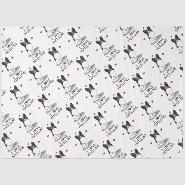 I Love Papillons (white & black) Hearts Dogs Cute Tissue Paper (Front)