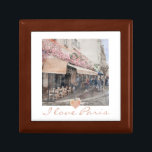 I Love Paris Cafe Jewellery Box<br><div class="desc">I love Paris romantic cafe street scene little jewellery box, with a little pink heart. For those who truly love Paris. A souvenir for those who have visited Paris, the city of light. Cafe with tables and chairs and pink flowers on awning. Create a wall of romantic Paris themed street...</div>