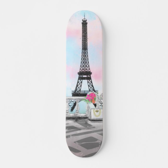I Love Paris - Eiffel Tower and Bouquet Flowers Skateboard (Front)
