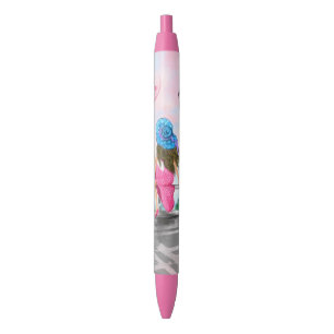 I Love Paris  Pretty Woman with Pink Heart Balloon Blue Ink Pen