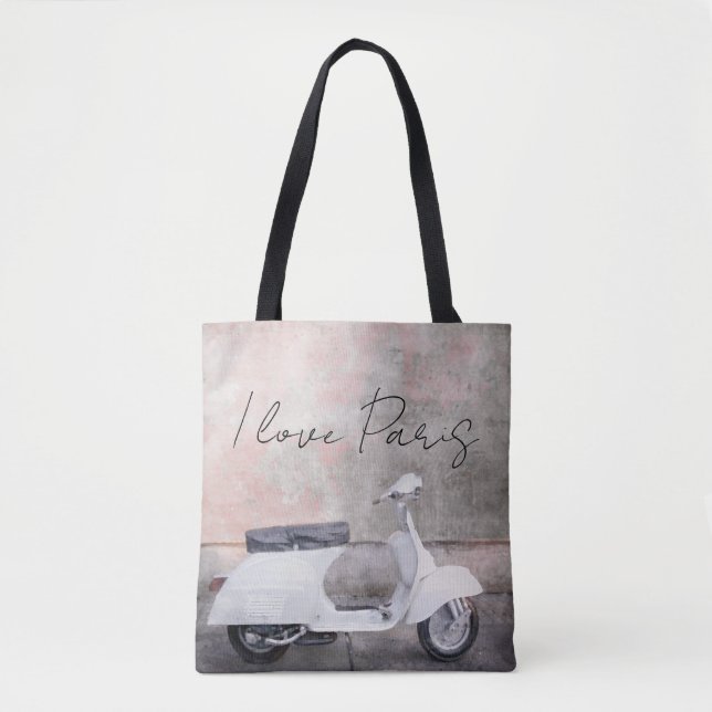 I Love Paris White Motor Scooter Tote Bag (Front)