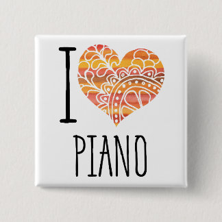 I Love Piano Orange Mandala Heart 2 Inch Square Button