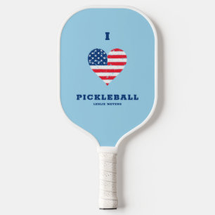 I Love Pickleball American Flag Heart   Name    Paddle